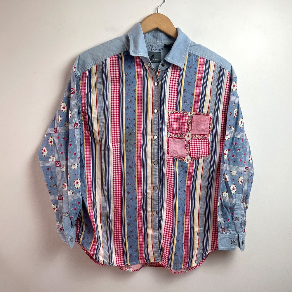Vintage‎ Patchwork Striped Pearl Snap Shirt Large Cotton Western Cottagecore